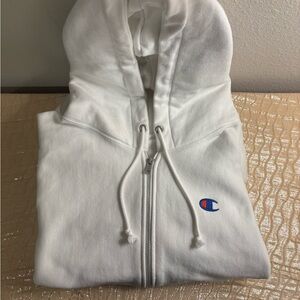 Champion White Zip-Up Hoodie with Small Embroidered C Logo